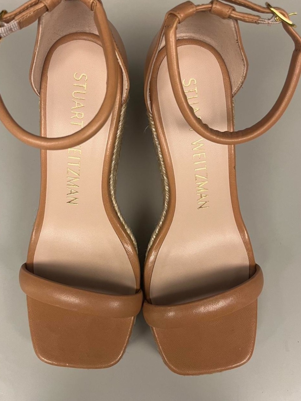 Stuart Weitzman Cognac Leather Espadrille Wedge Sandals - Picture 2 of 7